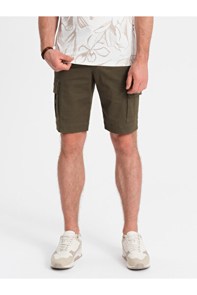 OMBRE Jednobarevné pánské kraťasy s cargo kapsami - tmavě olivová V2 OM-SRCG-0133 L