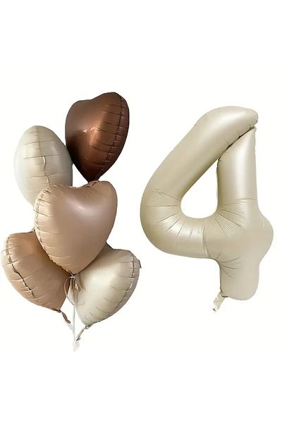 ATAKENT PARTİ 4 Years Old Retro Beige Latte Brown Birthday Set with Balloons
