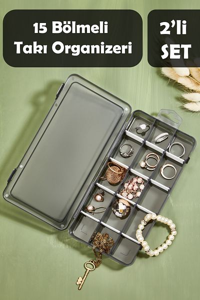 Fesya Home Прозрачен черен органайзер за бижута с 2 части и 15 отделения, регулируем