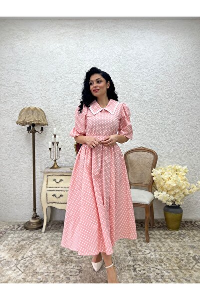 KÜÇÜĞÜM BUTİK Yakalı Pembe Puantiyeli Beyaz Dantelli Kloş Elbise
