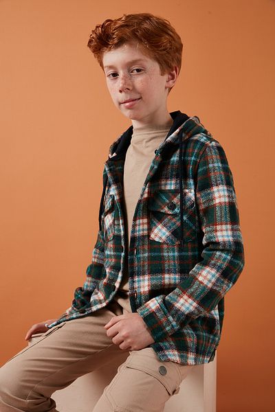 Lela Boys Winter Lumberjack Shirt - Hooded, Double Pockets, Plaid Print Cf24W81778
