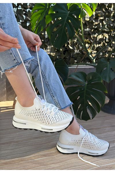 ED KLAS Cilla White Knitwear Beaded Sneakers