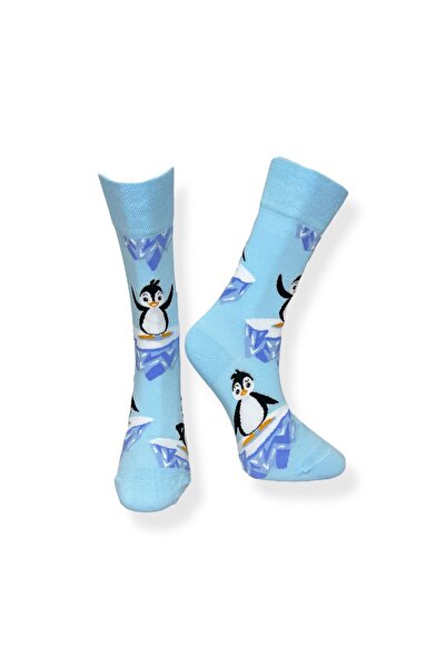 Mevo Tekli Unisex Penguen Desenli Mavi Renkli Esnek Nem Alabilen Pamuklu Çorap