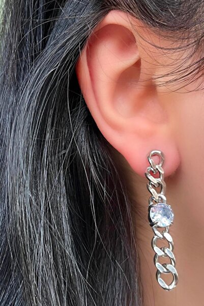 TAKIŞTIR Silver Color Chain Figured Stone Detailed Steel Earrings (Pair)