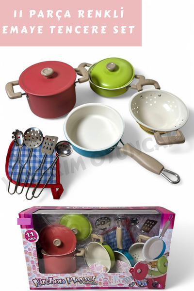 YILDIRIM OYUNCAK 11 Parça Pembe Emaye Tencere Tava Seti Evcilik Mutfak Tencer...