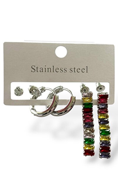 TAKIŞTIR Silver Color Stone Detailed 6-Piece Steel Earring Set