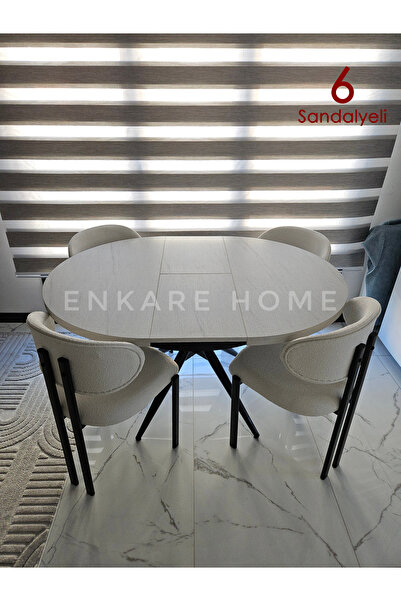 Enkare Oliva Masa Badem Sandalye Takımı - Açılabilir Yuvarlak Mdf Masa + 6 Sa...