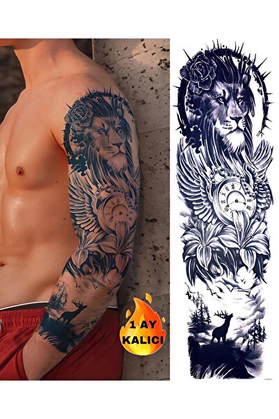 Mecit Tuhafiye 1 AY KALICI TAM BOY KOL KAPLAMA ASLAN SAAT GEYİK GEÇİCİ DÖVME