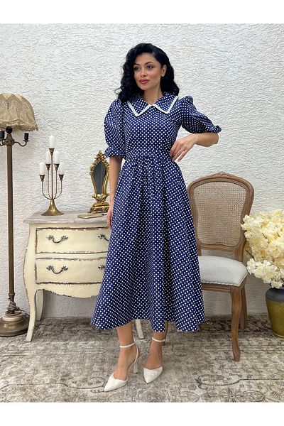 KÜÇÜĞÜM BUTİK Φόρεμα με γιακά Navy Blue πουά με λευκή δαντέλα