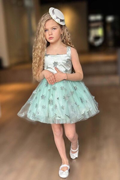 Riccotarz Girl's Asymmetrical Trimmed Blazer Green Dress with Flowers and Glitter Detail on Jacket