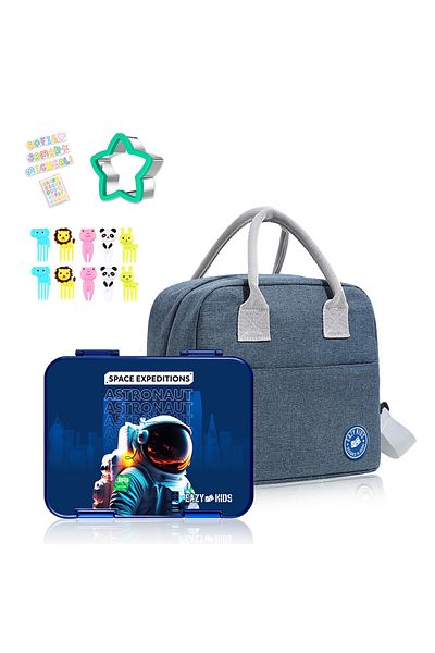 Eazy Kids صندوق غداء بينتو قابل للتحويل بسعة 6 و4 قطع مع حقيبة غداء وقاطعة ساندويتش - أزرق سبيس المملكة العربية السعودية