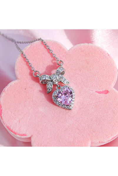 HEDİYEVİM Kadın pembe kalp detaylı çelik kolye