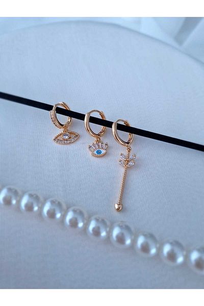 EZ accessories Triple Anti-Tarnish Steel Earrings with Evil Eye Stones