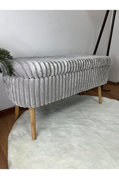 KOKİ DESİGN OSLO İthal Premium Peluş Kumaş Fitilli Toscana Gri Sandıklı Bench Puf