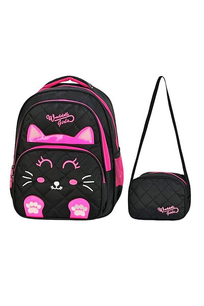Linea Waddell 3 Compartment Primary School and Lunch Box - Cat Black-Pink 5011