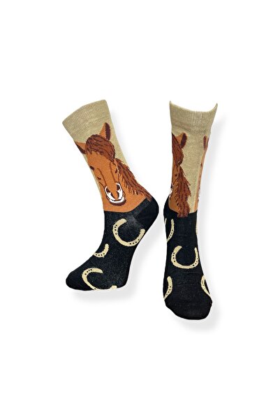 Mevo Single Unisex Horse Patterned Brown Stretchy Moisture Cotton Socks