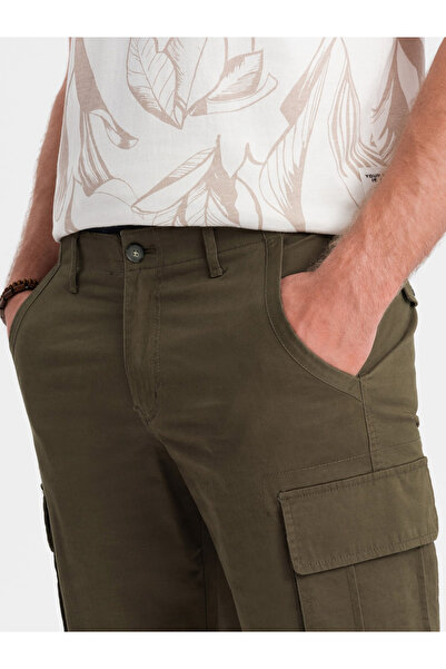 OMBRE Jednobarevné pánské kraťasy s cargo kapsami - tmavě olivová V2 OM-SRCG-0133 L