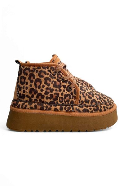 Beyond Women's Tan Leopard Mebe Sheepskin Laced High Sole Suede Boots 4.5 cm Byndmb02