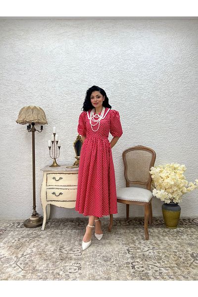KÜÇÜĞÜM BUTİK Red Polka Dot White Lace Flared Dress with Neckline