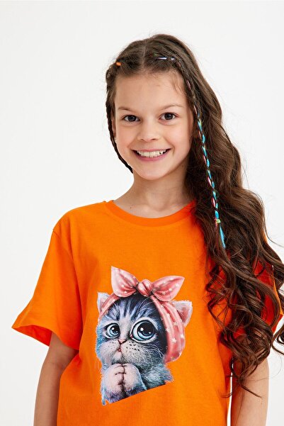 CC STORE Πορτοκαλί παιδικό μπλουζάκι με στάμπα Cat για ηλικίες 5 - 15 ετών