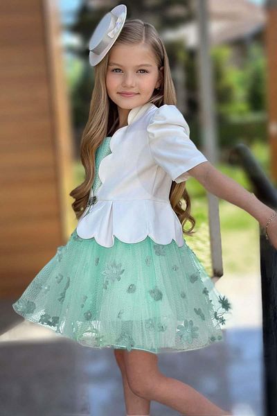Riccotarz Girl's Asymmetrical Trimmed Blazer Green Dress with Flowers and Glitter Detail on Jacket