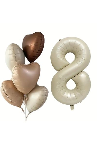 ATAKENT PARTİ 8 Years Old Retro Beige - Latte Brown Heart Birthday Age Balloon Set