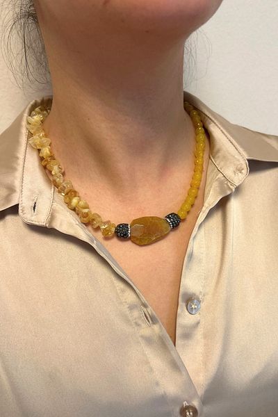 Suerte Accessories Natural Stone Citrine Necklace - Handmade with Coin Magnet, Agate Yellow and Tip