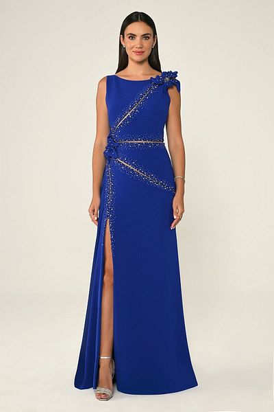 ALFABETA Alfa Beta Floral and Accessorized Long Evening Dress with Slit Shawl