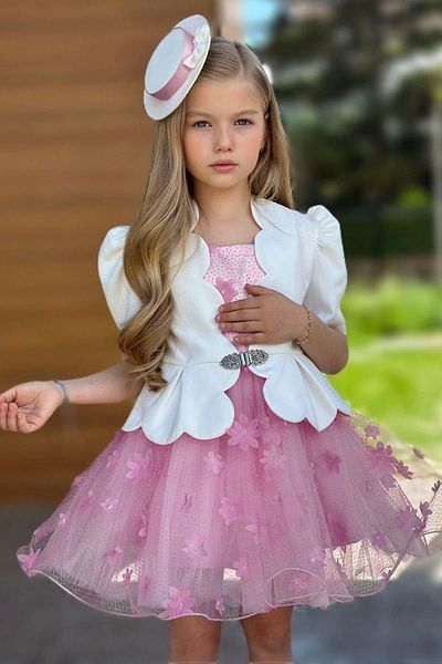 Riccotarz Girls' Asymmetrical Trim Blazer Pink Dress with Flowers and Glitter Detail on Jacket
