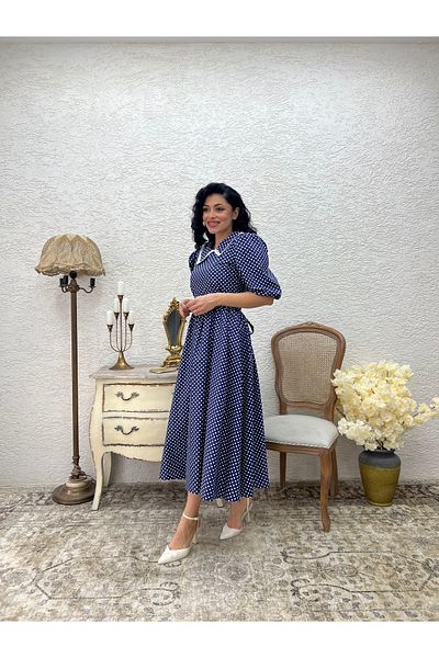 KÜÇÜĞÜM BUTİK Φόρεμα με γιακά Navy Blue πουά με λευκή δαντέλα