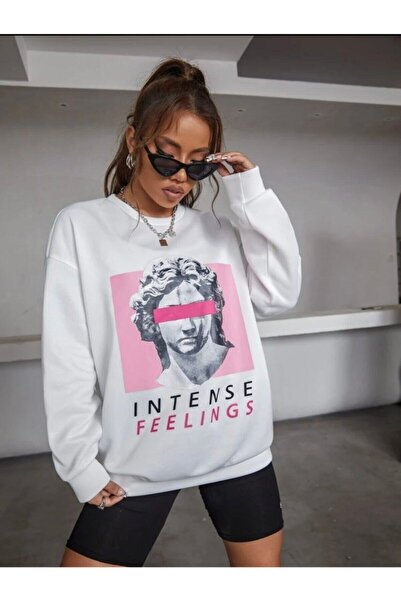 CC STORE Hanorac cu imprimeu alb roz pentru femei cu gât rotund