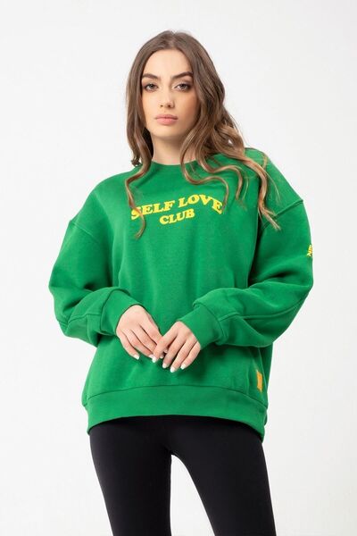 CC STORE Hanorac oversize unisex verde cu gât rotund Self Love