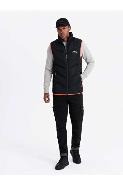 OMBRE Men's quilted sleeveless jacket with neon accents - black V4 OM-JAVJ-0210 L/XL