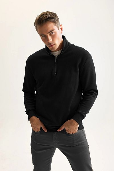 PURE EFFECT Men's Black Fleece Cotton Sweatshirt - Regular Fit, Stand Collar, Zippered, Thick