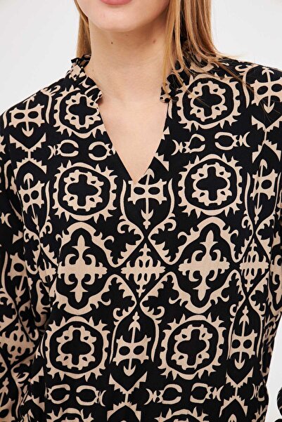 armonika Mink V-Neck Pleat Λεπτομερής ελαστική μπλούζα μέσης - με μανσέτες, ARM-25K 001003