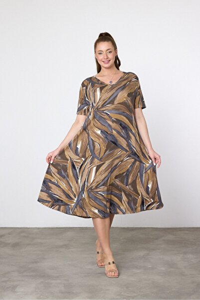 AYASOFYA OTANTIK Γυναικείο κοντομάνικο χτενισμένο βαμβακερό φόρεμα με καφέ σχέδιο