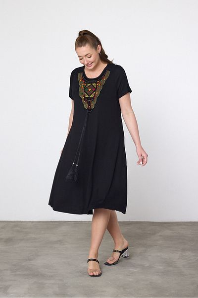 AYASOFYA OTANTIK Women's Black Ethnic Embroidery Detailed Short Sleeve Combed Cotton Dress