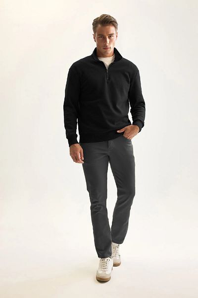 PURE EFFECT Men's Black Fleece Cotton Sweatshirt - Regular Fit, Stand Collar, Zippered, Thick