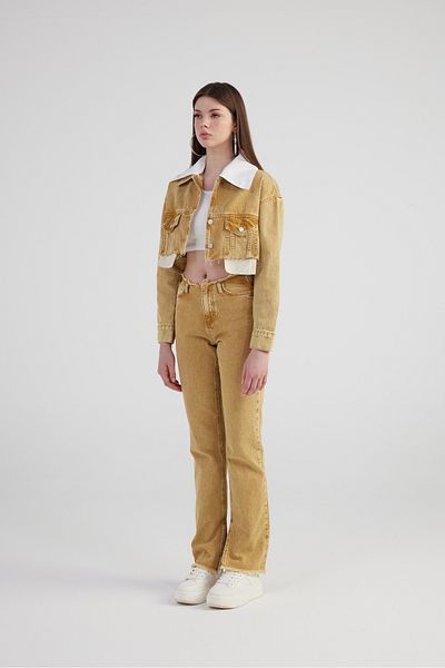 HOLLY LOLLY Mramorové vzorované šedé Detailní rovný střih nohavic Rozparek Rezavé džínové kalhoty Camel