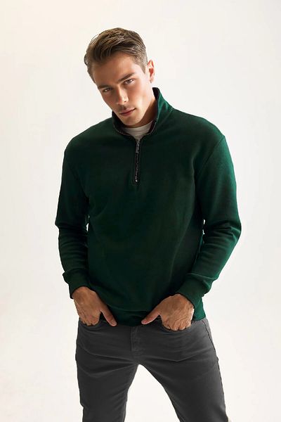 PURE EFFECT Men's Nefti Green Fleece Cotton Sweatshirt - 3 Thread, Zip-Up, Thick