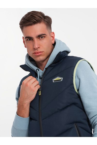 OMBRE Gesteppte ärmellose Herrenjacke mit Neon-Akzenten - Marineblau V3 OM-JAVJ-0210 L/XL
