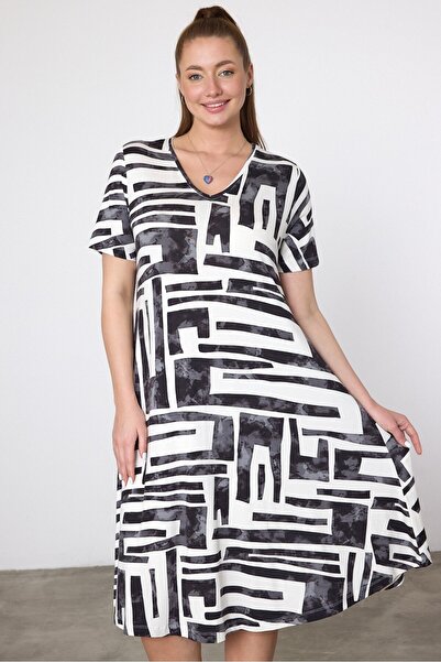AYASOFYA OTANTIK Γυναικείο κοντομάνικο φόρεμα με ασπρόμαυρο σχέδιο