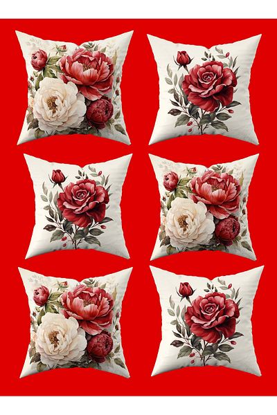 Şah Dekor Nature Themed Floral Pattern Red Color 6-Piece Digital Printed Throw Pillow Cover