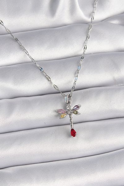 Skygo Silver Color 316L Steel Chain Handle Colorful Zircon Stone Dragonfly Model Women's Necklace