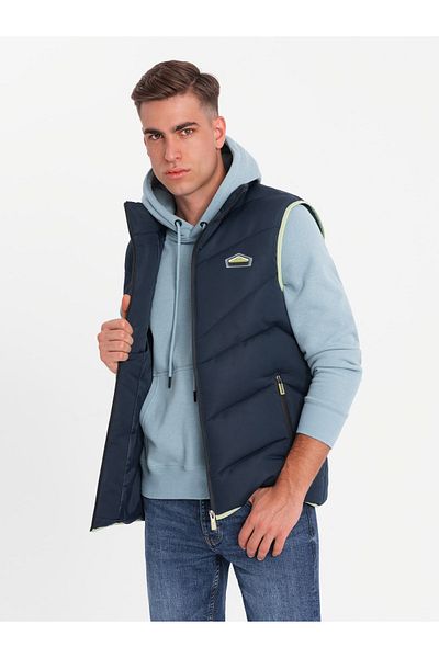 OMBRE Gesteppte ärmellose Herrenjacke mit Neon-Akzenten - Marineblau V3 OM-JAVJ-0210 L/XL