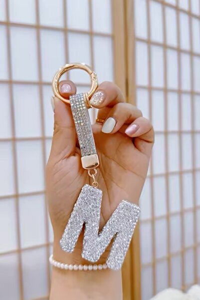 MAZEN M Harfi Beyaz Taşlı Harf Anahtarlık, Çanta Charmı VIP Seri