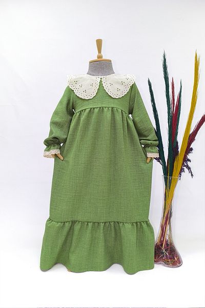 Betül Akbay Rochie de in pentru fete cu guler festonat - Rochie lungă Hijab verde mentă model Elif