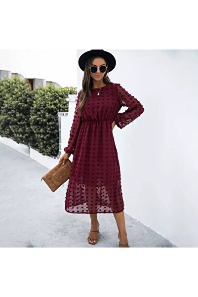 Femella Women Fashion Kadın Uzun Kollu Astar Detay Fırsat Ürün Ponpon Şifon Kırmızı Yazlık Balo Davet Elbise