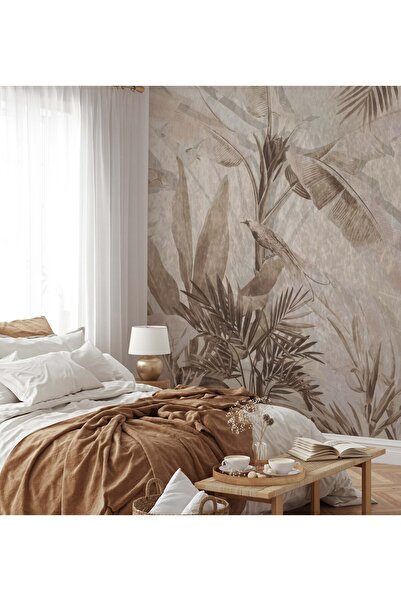 Tasarım Retro Tropikal Geniş Yapraklar Eskitme Görselli Duvar Kağıdı