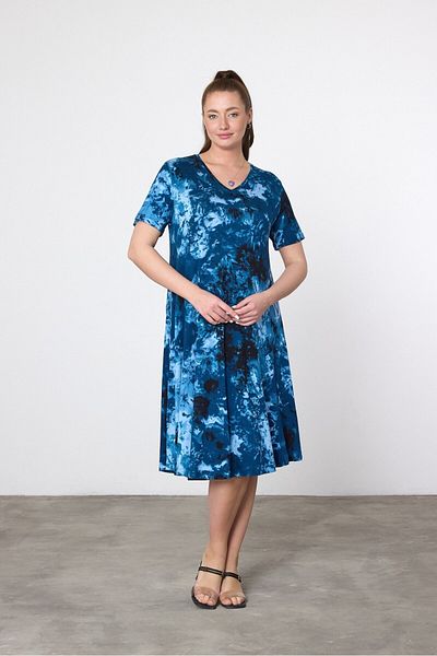 AYASOFYA OTANTIK Rochie de damă albastră din bumbac pieptănat cu mânecă scurtă cu model Tie Dye